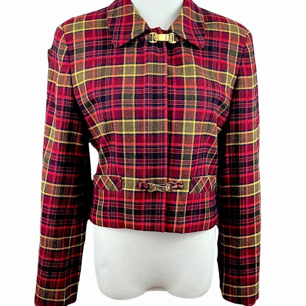 Burberry Red Tartan Plaid Crop Zip Wool Jacket 6 - Picture 1 of 10